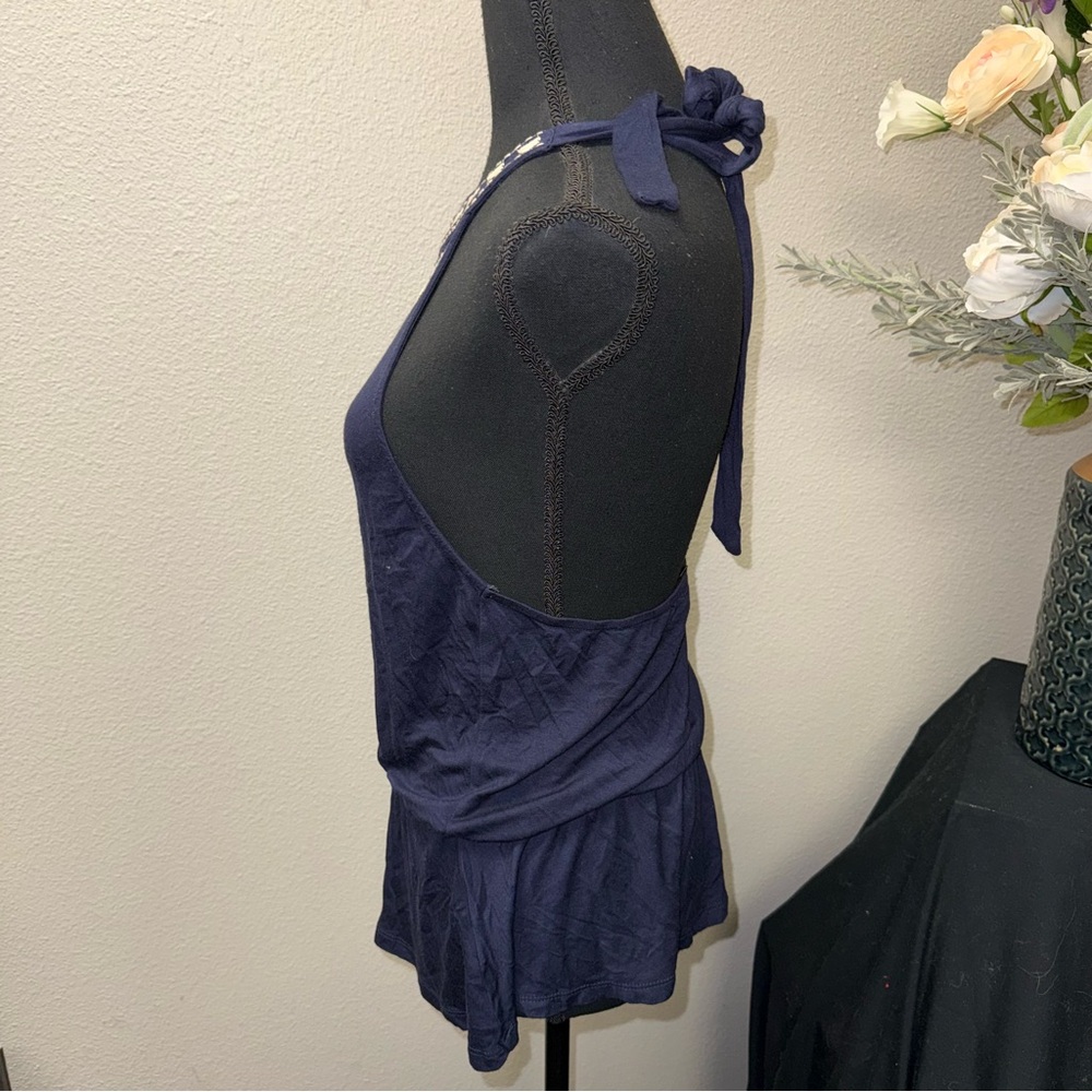 Papaya Navy Embroidered Halter Peplum Top Boho Festival Summer Tank M - Picture 3 of 7